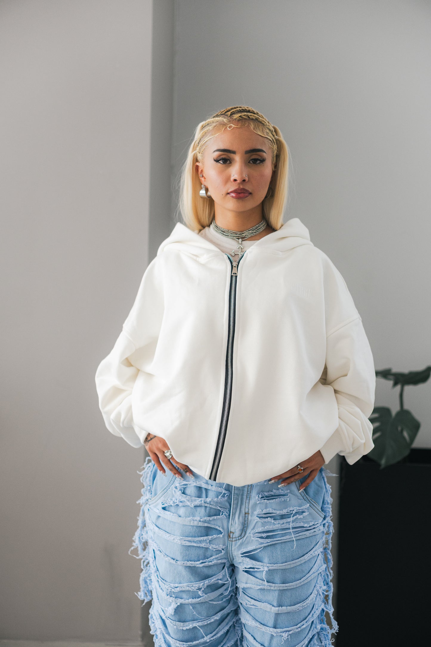 Hoodie Double Zip Marfil