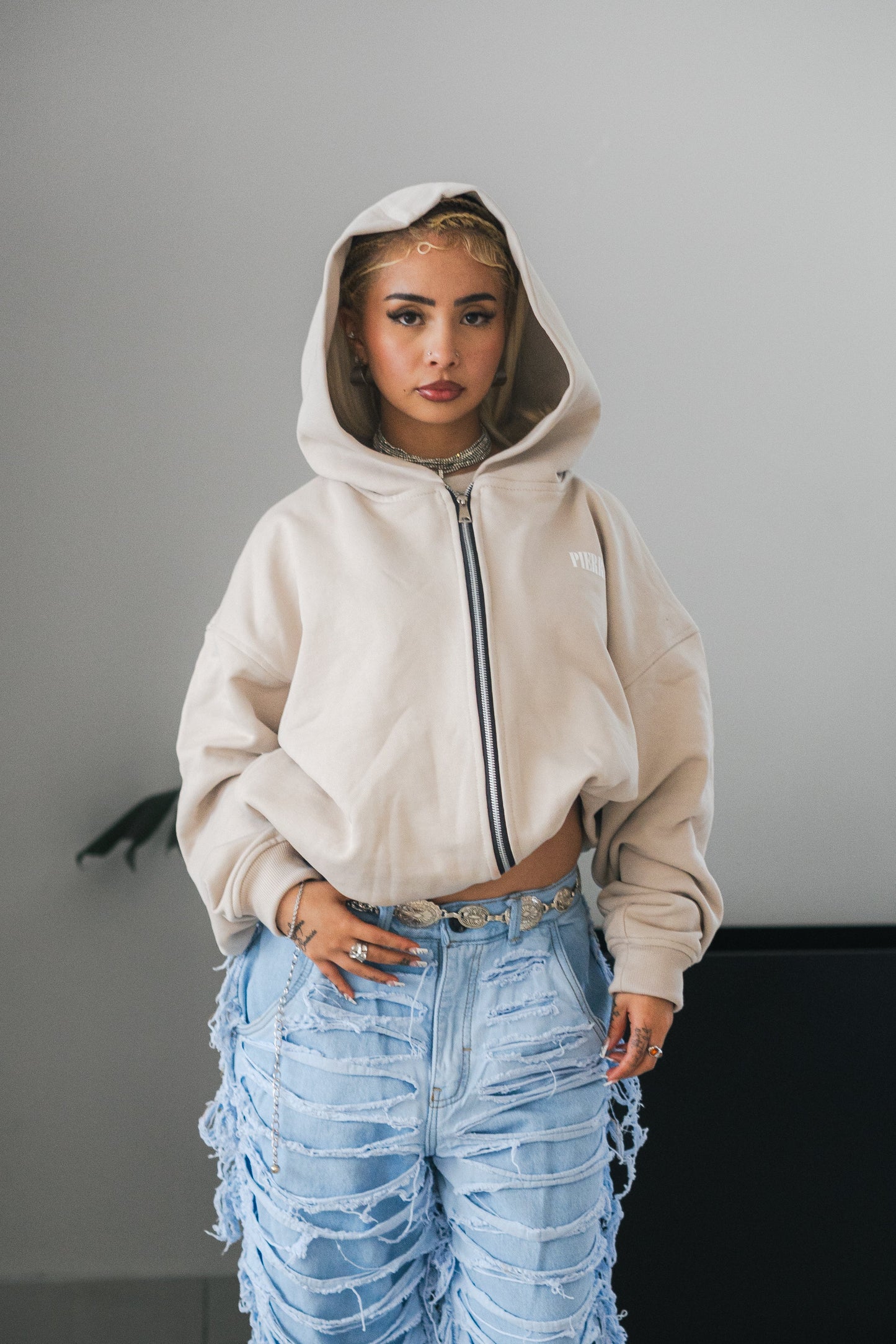 Hoodie Double Zip Beige