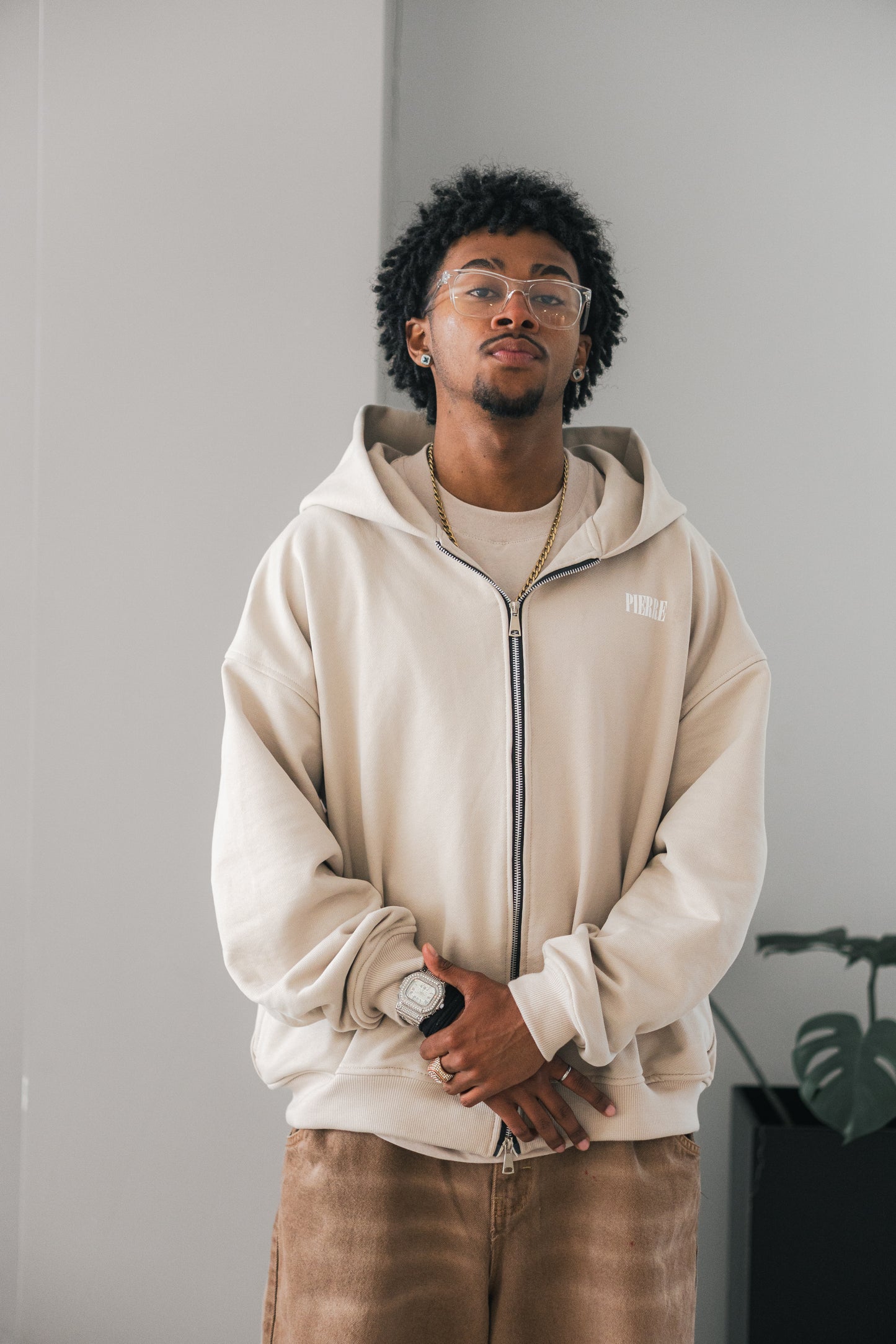 Hoodie Double Zip Beige